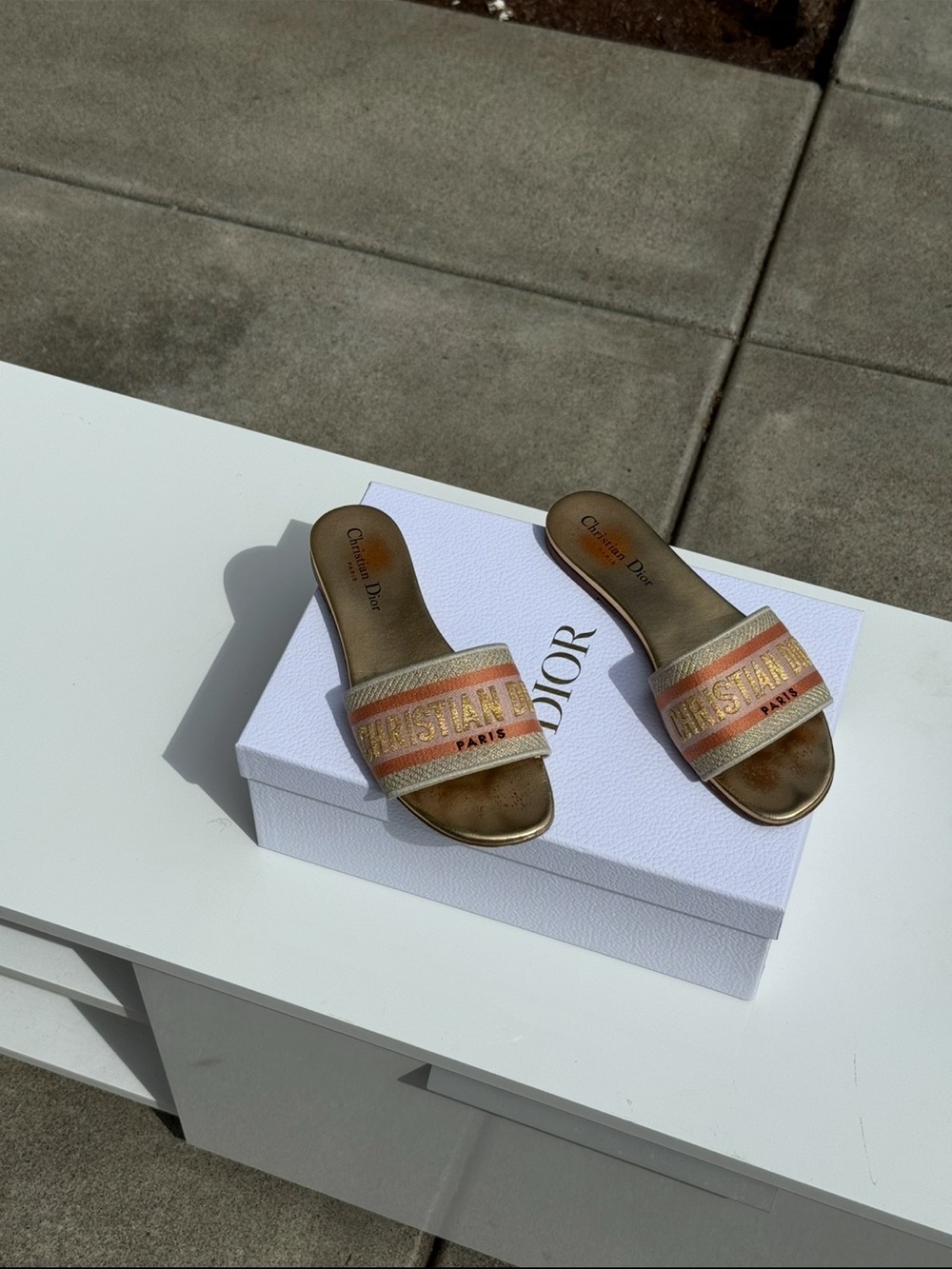 Christian Dior Embroidered Slide Sandals in Pink and Gold Trim